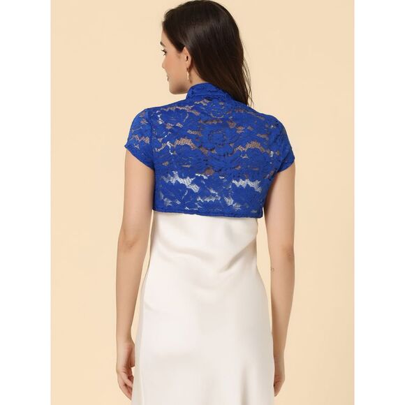 Lace Cardigan Stand Collar Short Sleeve Shrug Royal Blue - Picture 4 of 5